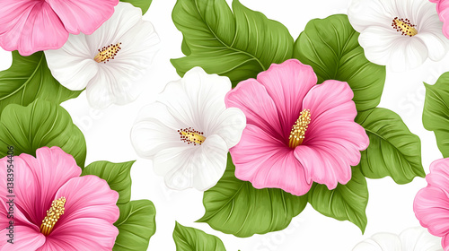 Seamless pattern of pink and white hibiscus flowers with lush green leaves on white background