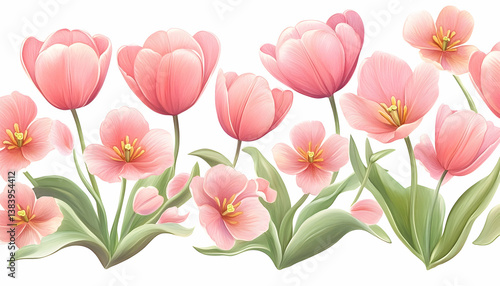 Seamless border of delicate pink tulips and buds,  illustrated in a realistic style against a white background