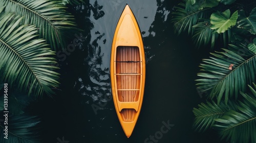 Yellow Kayak Surrounded by Green Tropical Leaves on Calm Water