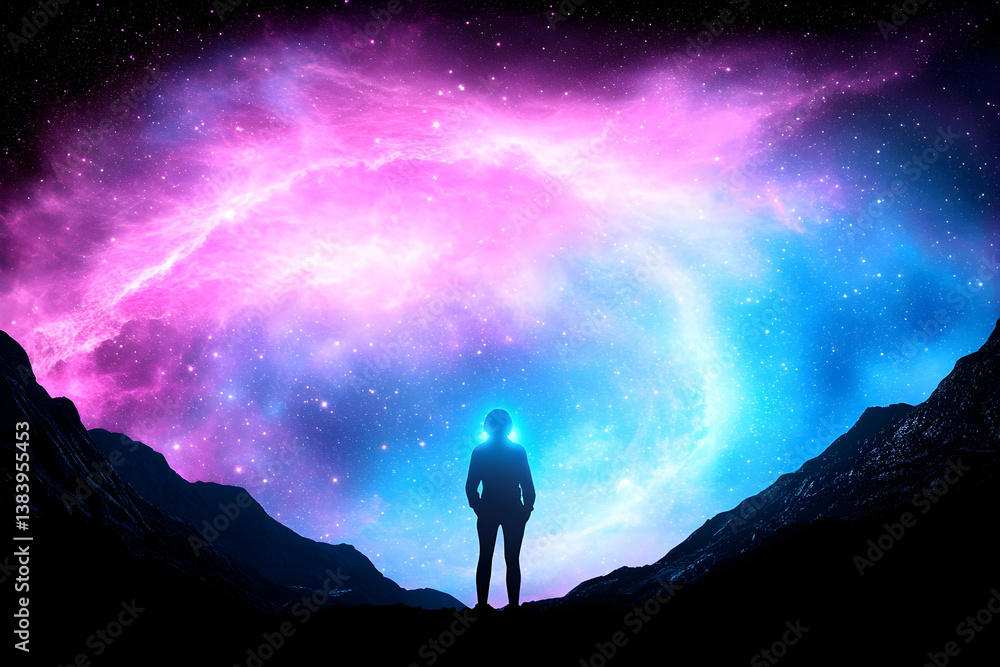 Fototapeta premium Silhouette of a person gazing at a vibrant, cosmic nebula above a mountain range at night