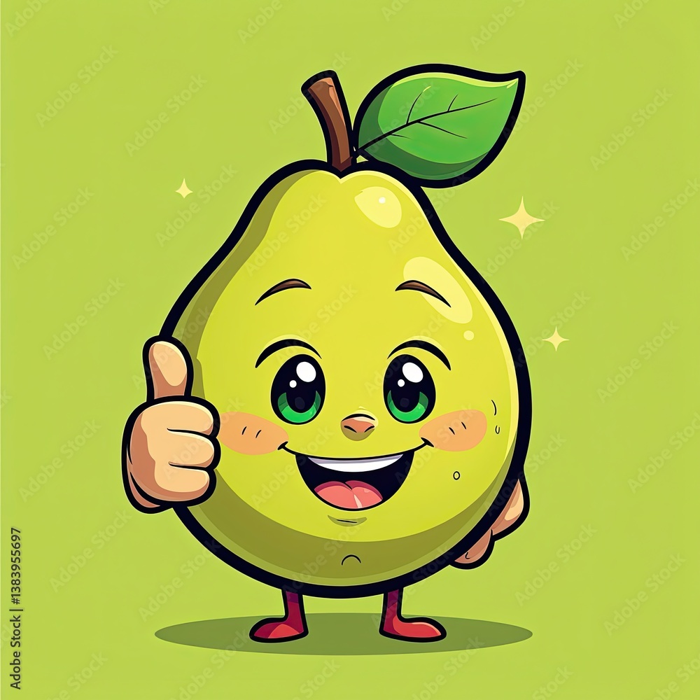 Obraz premium Cheerful Green Pear Cartoon Character Giving Thumbs Up on Vibrant Background. A cartoon pear giving a thumbs up.