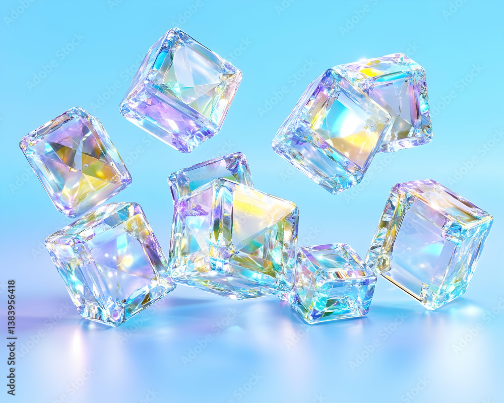 Sparkling iridescent ice cubes levitate against a pastel blue backdrop Sparkling iridescent ice cubes levitate against a pastel blue backdrop