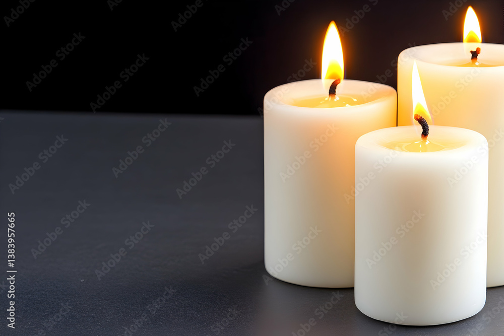 Three lit white pillar candles on dark surface Three lit white pillar candles on dark surface