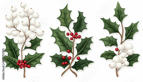 Three stylized sprigs holly with red and white berries