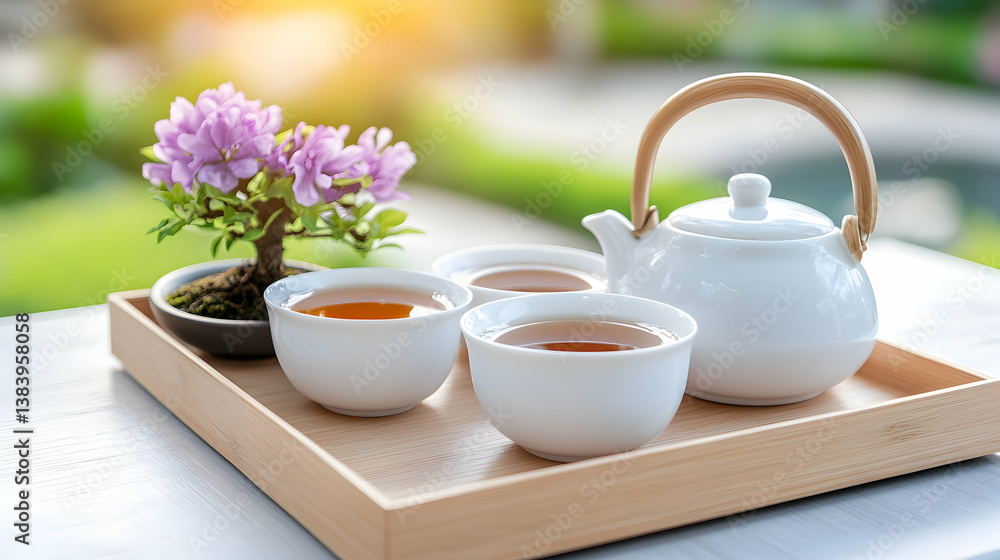 Tranquil tea ceremony scene with teapot, cups, and bonsai Tranquil tea ceremony scene with teapot, cups, and bonsai