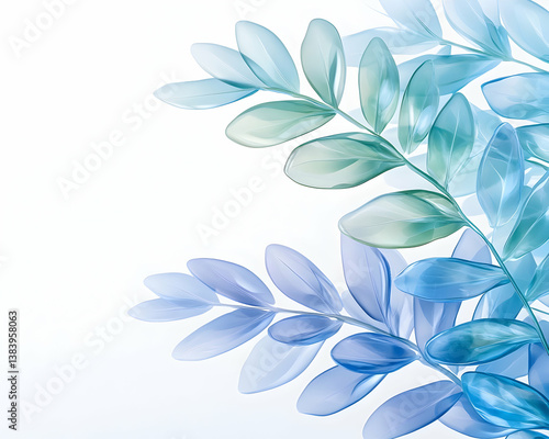 Translucent blue and green leaves on white background