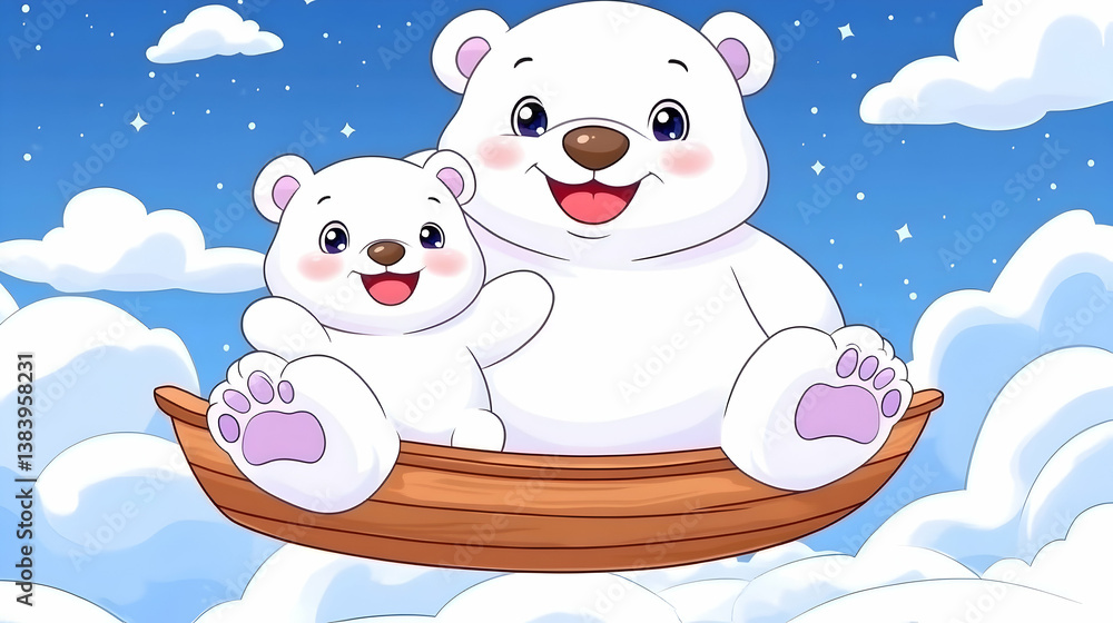 Two adorable polar bears ride a boat among the clouds at night Two adorable polar bears ride a boat among the clouds at night