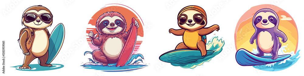 Obraz premium Cute Surfing Sloths with Surfboards in Fun Summer Poses Ideal for Beach-Themed Designs and Summer Holiday Promotions