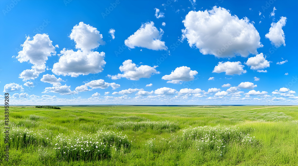 Obraz premium Vast green field under a vibrant blue sky dotted with fluffy white clouds