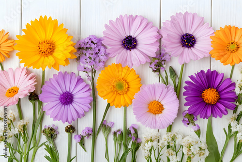 Vibrant multicolored flowers arranged on white wood