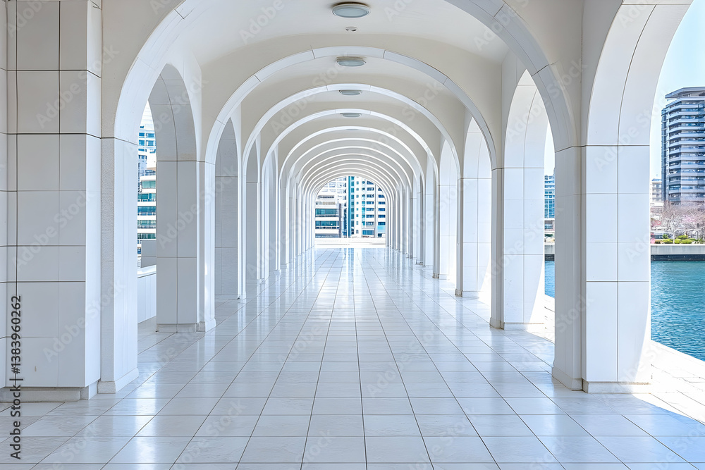 White arched colonnade walkway leading to city view White arched colonnade walkway leading to city view