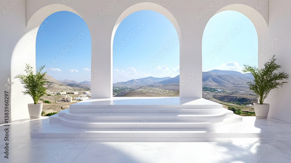 Fototapeta premium White architecture with three arched windows overlooking a scenic mountain view