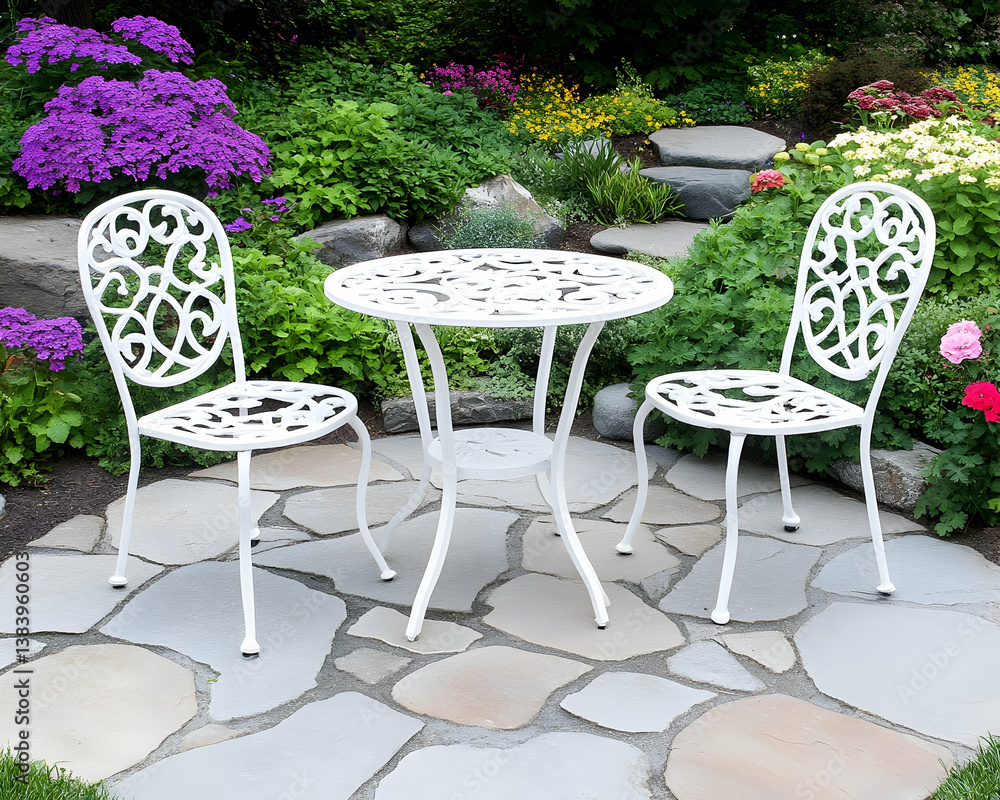 White metal patio set with ornate design sits on flagstone patio amidst vibrant flowers White metal patio set with ornate design sits on flagstone patio amidst vibrant flowers