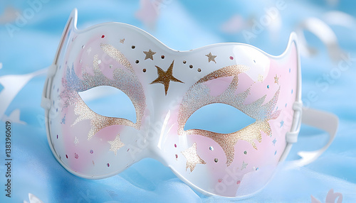 White masquerade mask with pink and gold star design on light blue fabric