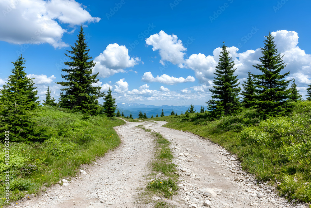 Fototapeta premium Winding gravel road through a mountain landscape with evergreen trees under a bright blue sky