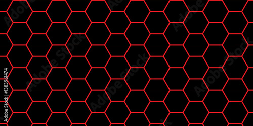 Abstract Red and Black Hexagonal Tile Texture. Seamless Red Hexagon Pattern with Dark Background. Cyber Honeycomb Structure, Red Hex Grid. 