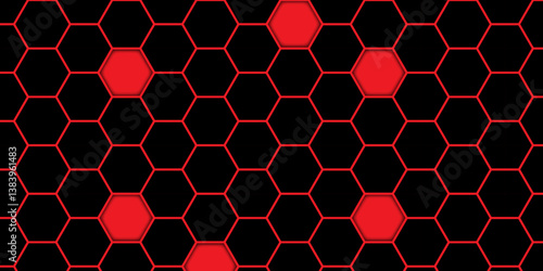 Abstract Red and Black Hexagonal Tile Texture. Seamless Red Hexagon Pattern with Dark Background. Cyber Honeycomb Structure, Red Hex Grid. 
