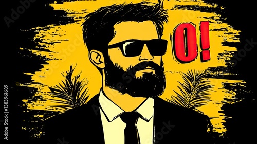 Stylish man with beard, sunglasses, and suit.  Dramatic, yellow-toned background