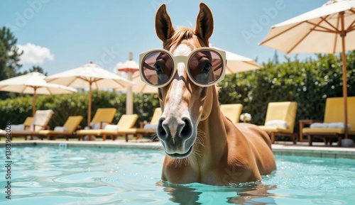 Horse wearing sunglasses enjoying poolside relaxation