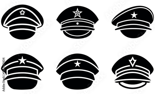 Military Cap Icon Set – Black Vector Army Hat Illustrations with Star Badge Symbols