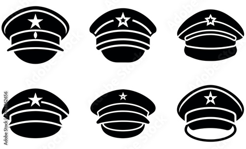 Military Cap Icon Set – Black Vector Army Hat Illustrations with Star Badge Symbols