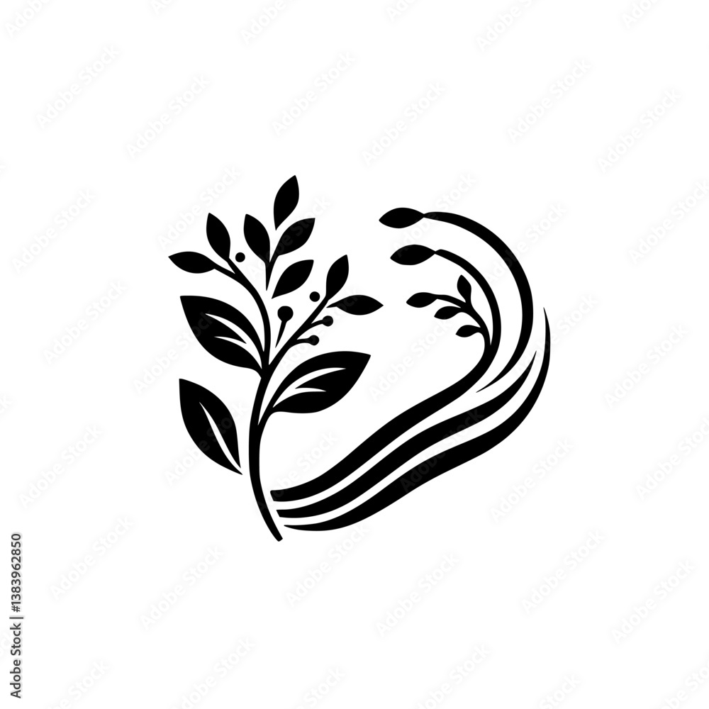 Naklejka premium Minimalist Nature Logo: Black Plant & Flowing Lines on White