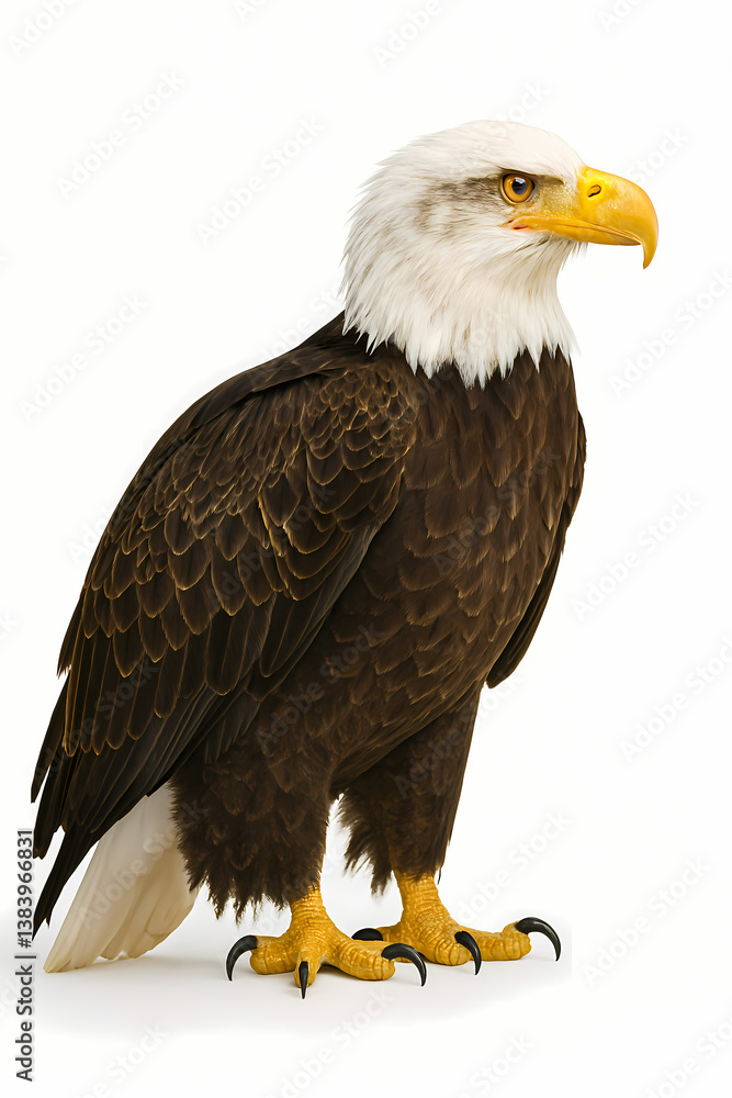 Obraz premium Regal eagle with powerful talons and striking plumage on white background, symbolizing strength and freedom