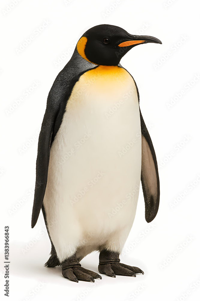 Fototapeta premium Stately penguin with vibrant black and white plumage golden collar tranquil stance against white backdrop highlights nature