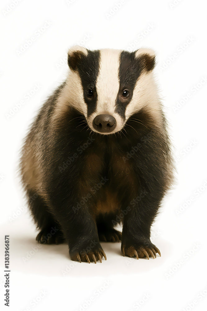 Badger portrait with distinctive black and white stripes, soft fur, neutral background, highlighting natural curiosity. Badger portrait with distinctive black and white stripes, soft fur, neutral background, highlighting natural curiosity.