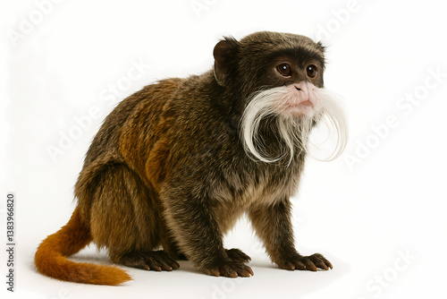 Tiny primate with striking white mustache sitting alert against a neutral backdrop, highlighting unique facial features.
