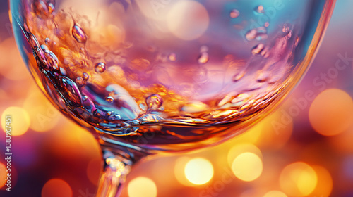 sunset reflected in wine glass with surreal landscape lighting, artistic photo merging transparent drinkware and glowing evening sky in colorful creative composition for lifestyle and fantasy themes
