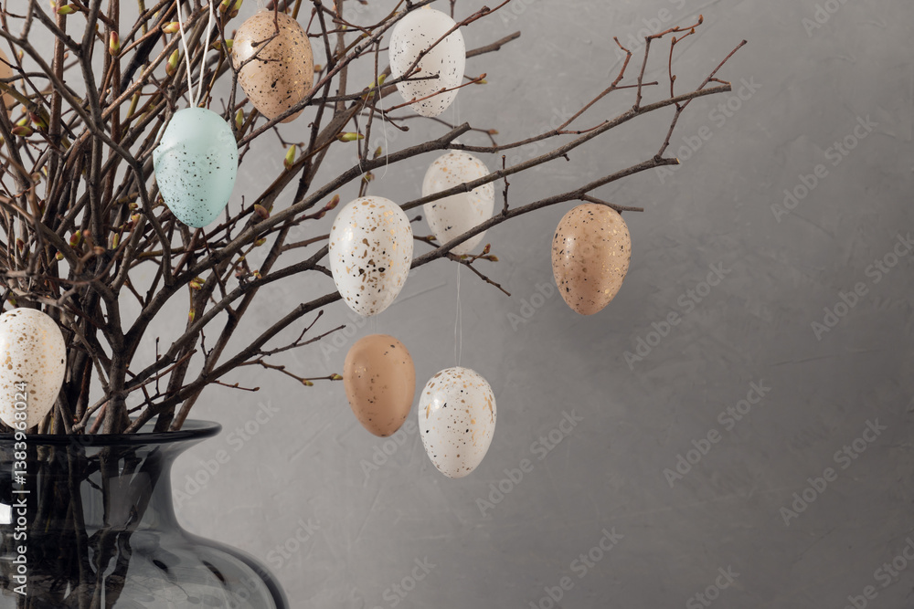 Easter tree decorated colorful pastel white and beige eggs. Birch branches with hang eggs in dark vase on gray background. Happy Easter greeting card. Close up