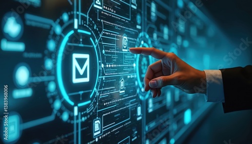 Obraz na płótnie Hand interacts with workflow automation system on digital screen. Automated document management minimizes manual tasks. Modern tech solution for efficiency process, optimizing productivity,