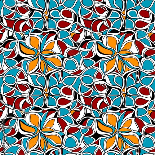 A blue and red flower pattern on a black background.