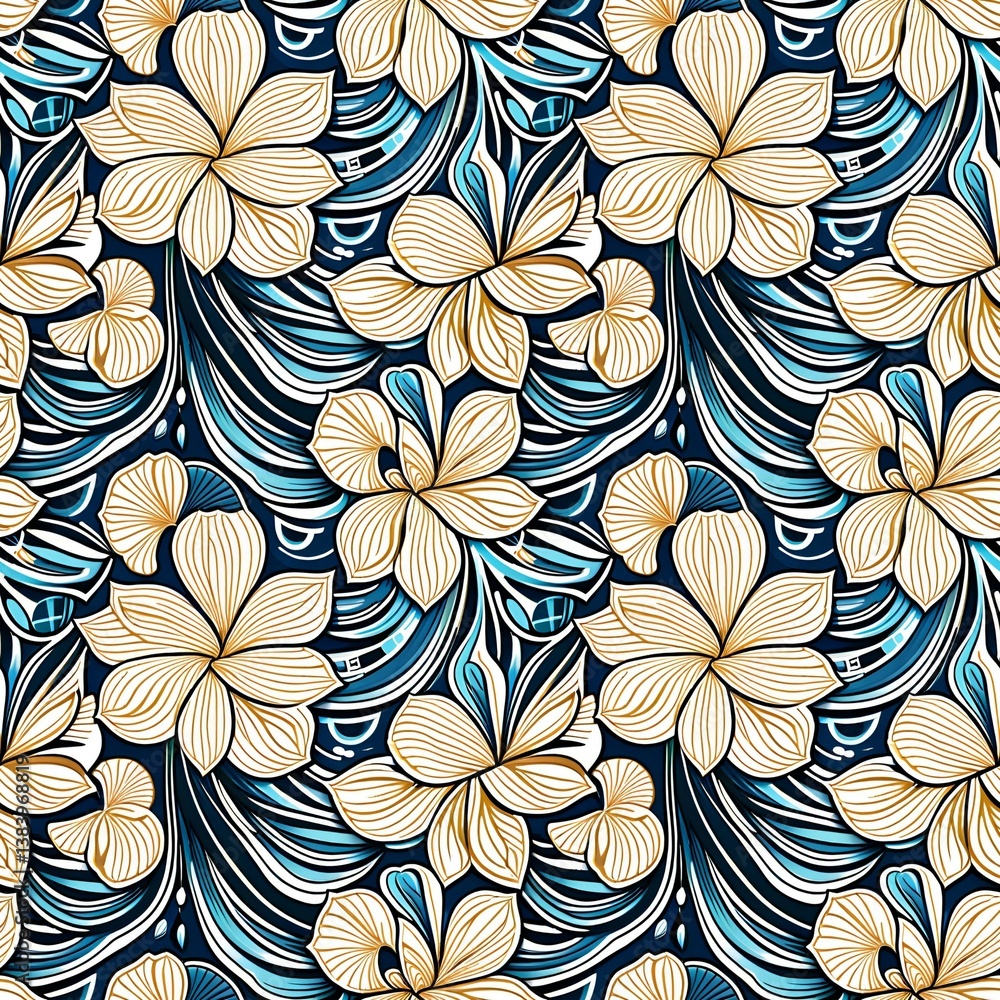 Fototapeta premium A blue and yellow floral pattern on a blue background.