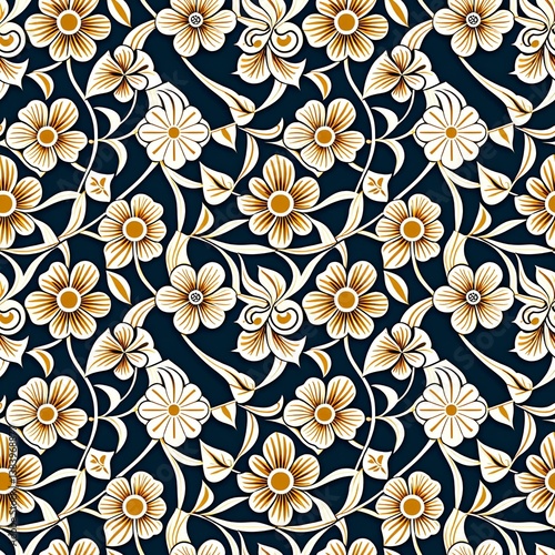 A blue and yellow floral pattern on a dark blue background.