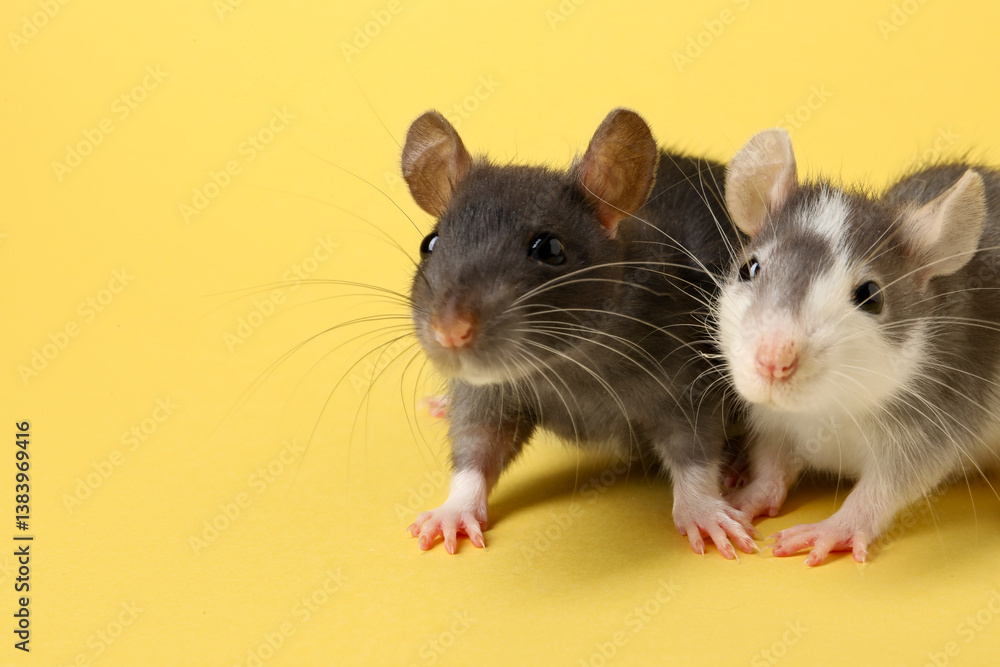 Cute rats on yellow background, closeup. Space for text