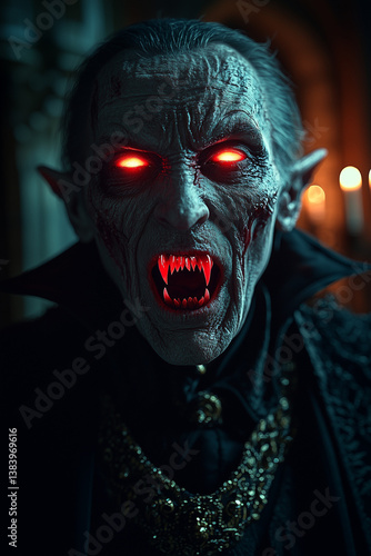 Dark vampire with glowing red eyes and fangs – gothic horror fantasy art