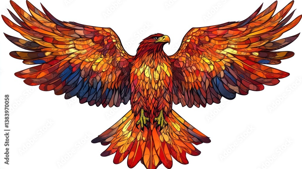 Obraz premium Fiery eagle soaring, wings spread wide, white background, freedom concept