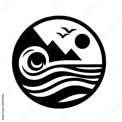 Minimalist Black & White Coastal Landscape in a Circle - Logo Design