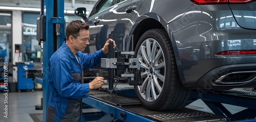A garage service person in a blue uniform suit maintaining and repairing the wheel of a modern luxury vehicle on a stand for a hoist uses an advanced wheel alignment machine elegant modern auto repair