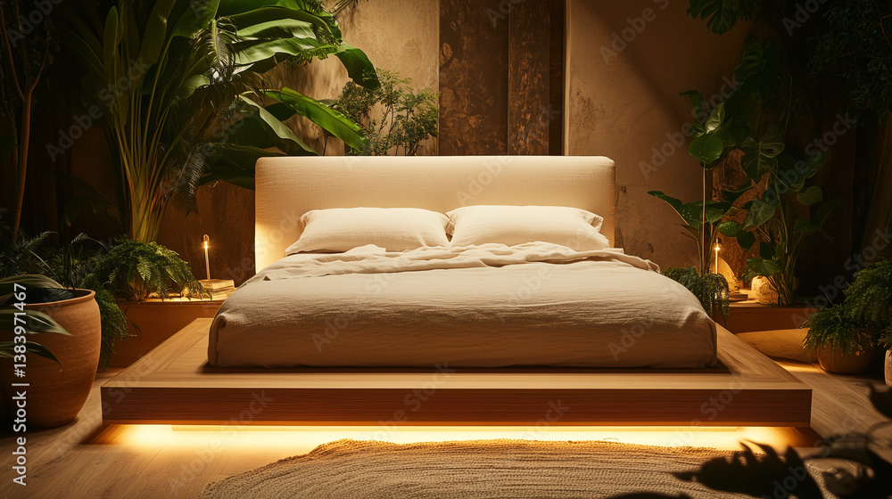 Modern floating bed with quilted headboard and ambient lighting – biophilic interior design