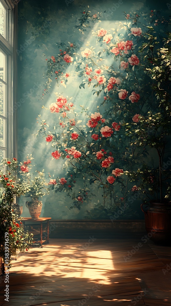 Fototapeta premium Sunlit Room with Pink Rose Mural and Potted Plants, Creating a Serene, Vibrant Atmosphere