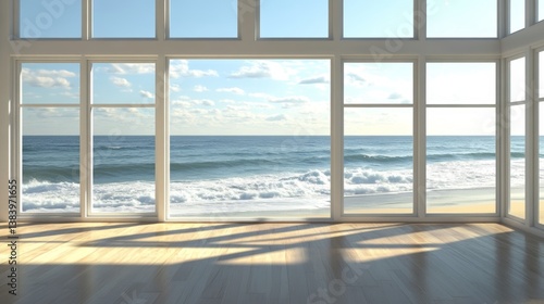 A beach house with large windows, looking out over a wide expanse of ocean with waves crashing on the shore 