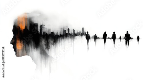 Woman's profile merges with city & figures fading. Abstract. Orange highlights