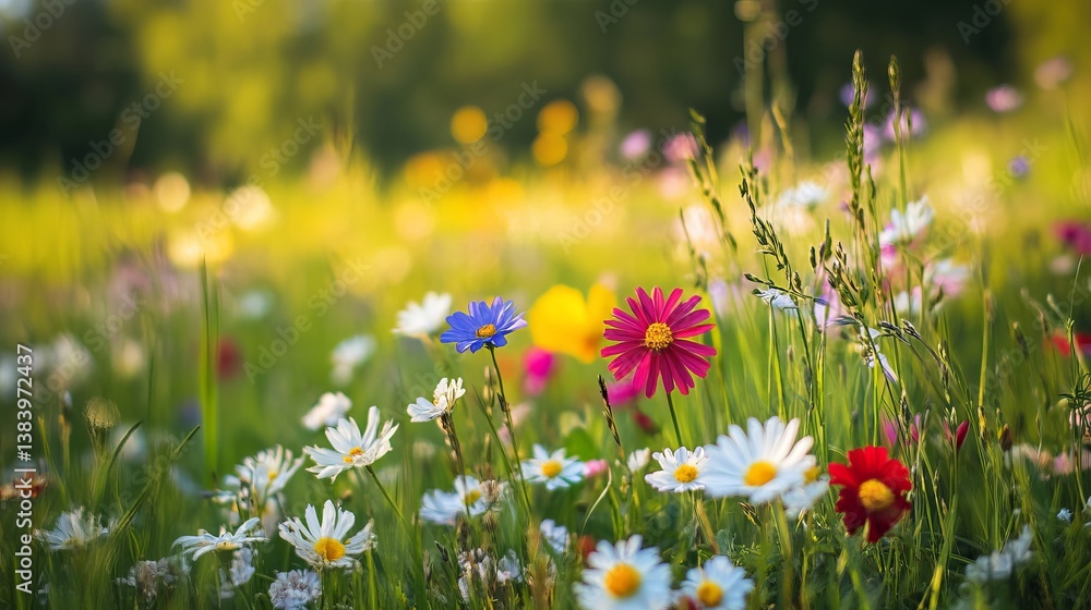 Fototapeta premium Vibrant Wildflower Meadow Summer Bloom Colorful Flowers Nature Photography Beautiful Springtime Floral Field Lush Green Grassland Idyllic Pastoral 