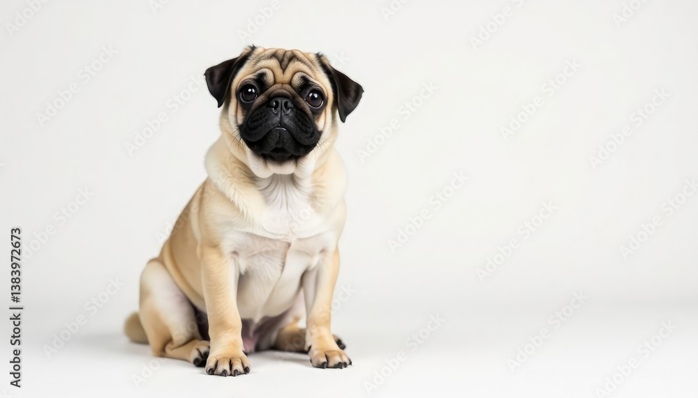 Obraz premium Adorable pug dog sits alone against white background , studio photography, small dog