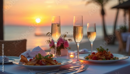 Fototapeta Naklejka Na Ścianę i Meble -  Romantic beach dinner for two with champagne glasses at sunset. Table set with gourmet food in restaurant, scenic sea view. Tropical vacation, date night on summer holiday. Celebrate marriage
