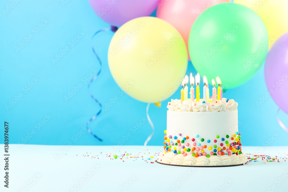 Delicious bento cake with colorful sprinkles and burning candles on light table against blue background. Space for text Delicious bento cake with colorful sprinkles and burning candles on light table against blue background. Space for text