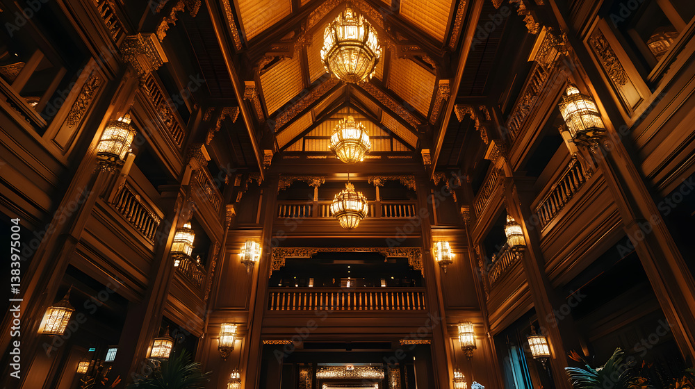 Obraz premium Ornate Wood Interior: A grand architectural shot showcasing the meticulous woodwork and atmospheric lighting of a lavish building interior. Captivating detail and warm tones.